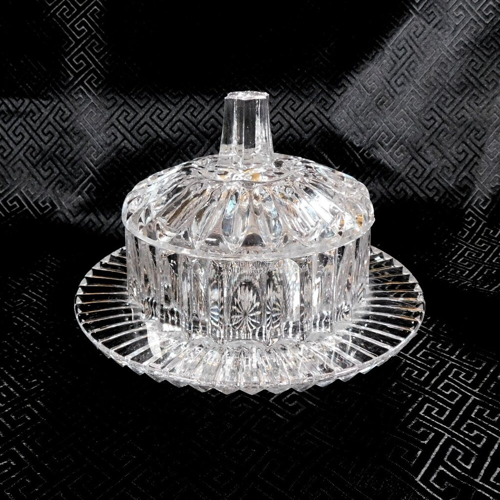 Cut Glass Jelly Dish, Honey Pot with Matching Lid